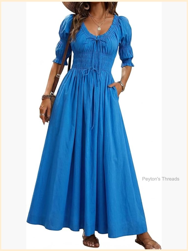 Puff Sleeve Scoop Neck Maxi Dress With Pockets Smocked Waist Tie